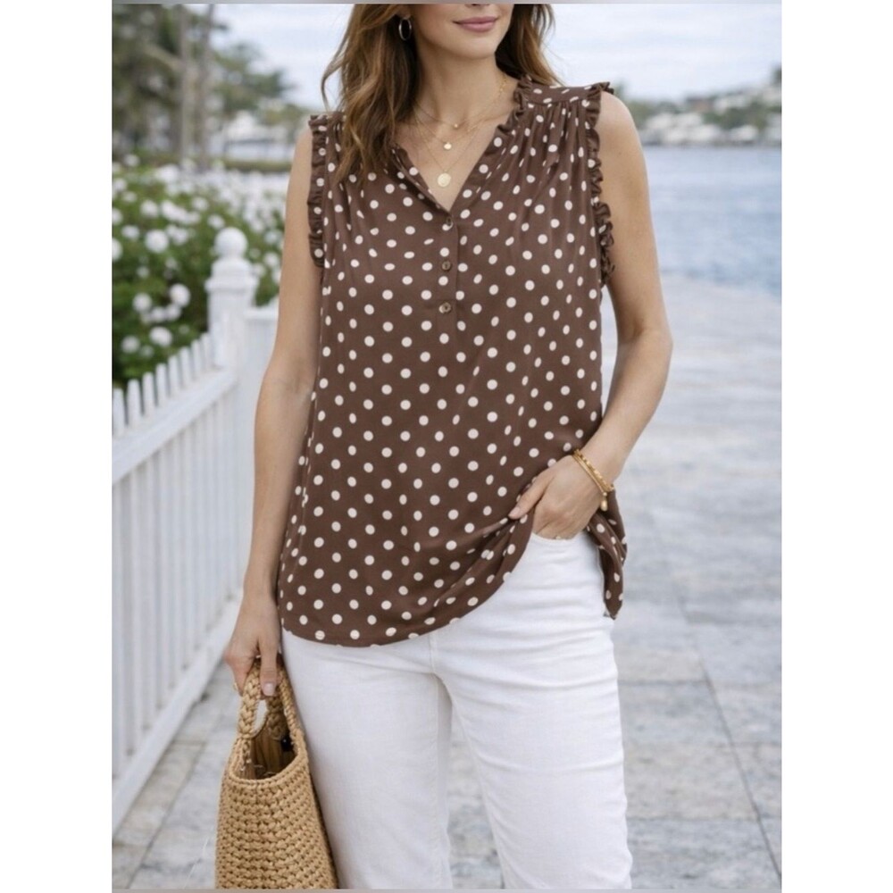 Brown Polka Dot Blouse Ruffle Sleeveless Top XL Trendy Cottagecore